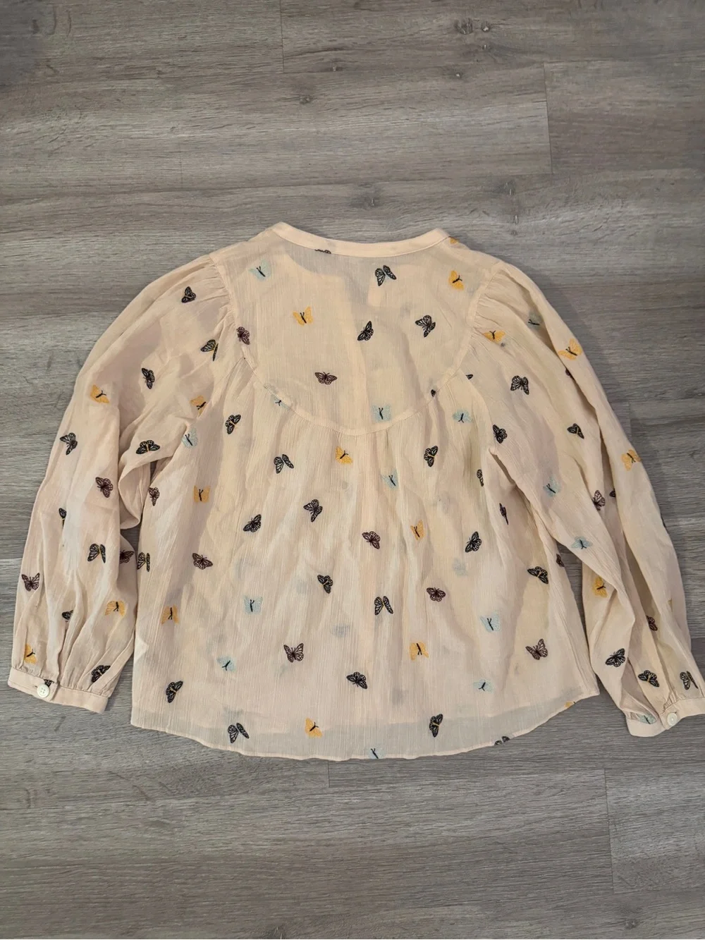 Madewell Blush Button-Up Blouse with Multicolor Butterfly Embroidery